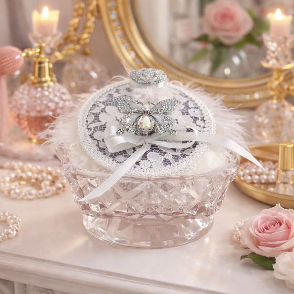 AB Butterfly Soft Lilac Retro Powder Puff In Vtg Crystal Bowl Vanity Gift Shabby